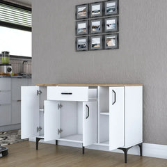 White kitchen cabinet with wooden top in a modern kitchen setting
