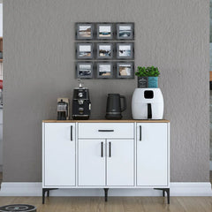 White cabinet with coffee maker, espresso machine, and coffee beans against a gray wall.