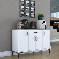 White cabinet with wooden top in a room setting with coffee-making equipment and decor.