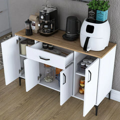 Small kitchen island with storage compartments and kitchen appliances on a wooden floor.