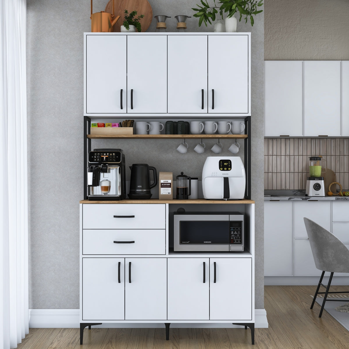 Home Canvas Multi-Function Kitchen Pantry Cabinet with Countertop, Cup Hooks, Drawers & Adjustable Shelves,  White - S-Walnut