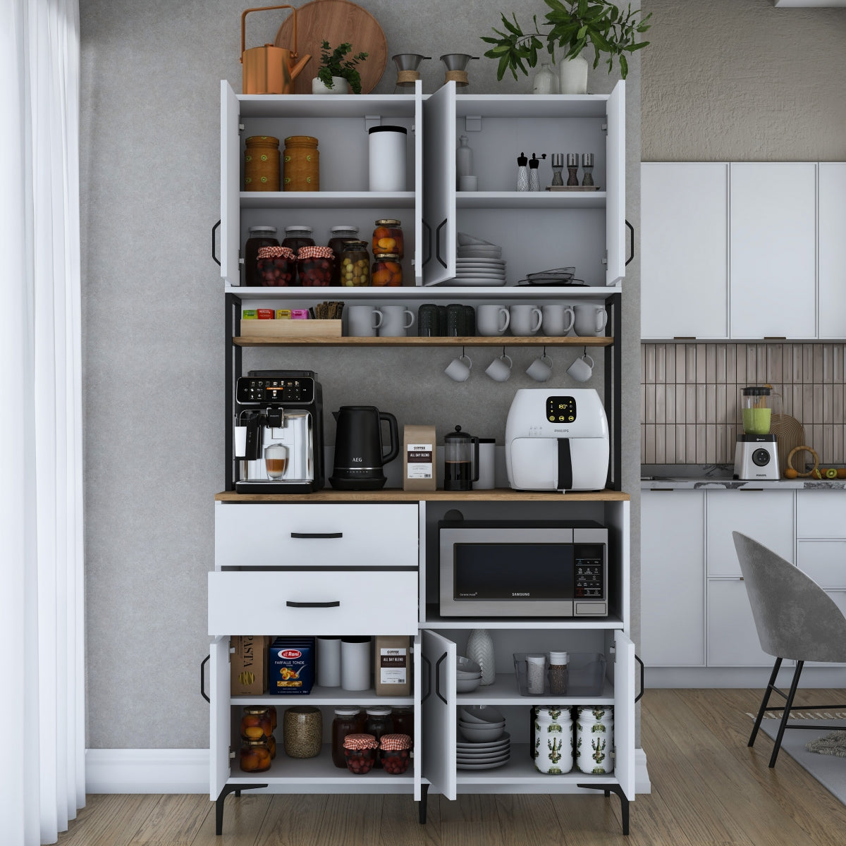 Home Canvas Multi-Function Kitchen Pantry Cabinet with Countertop, Cup Hooks, Drawers & Adjustable Shelves,  White - S-Walnut