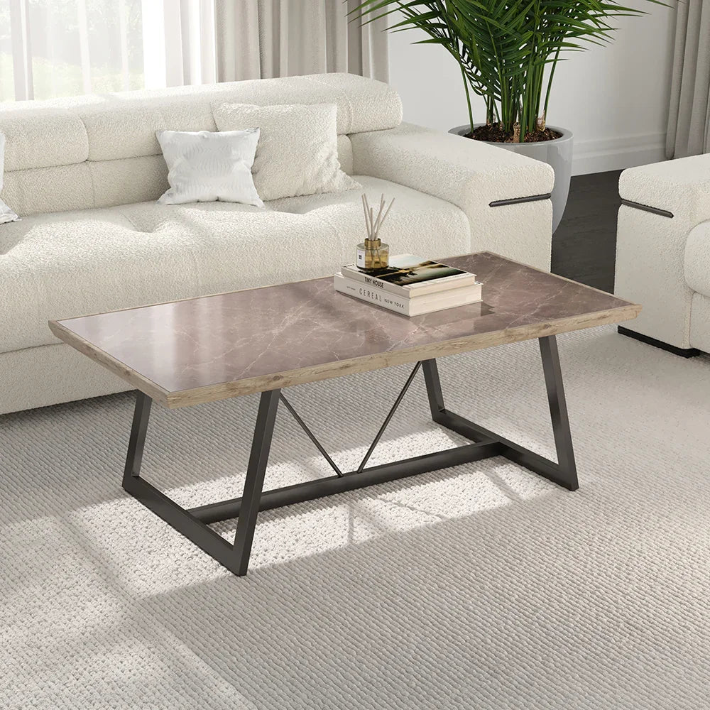Coffee table in a living room setting with a couch and plant
