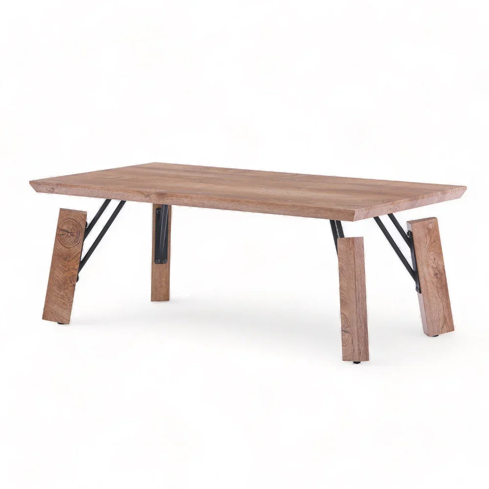 Wooden table with metal legs on a white background