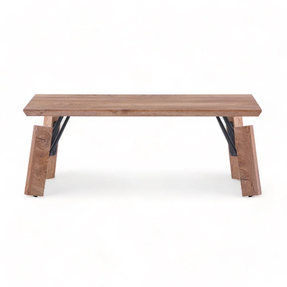 Wooden bench with metal legs on a white background
