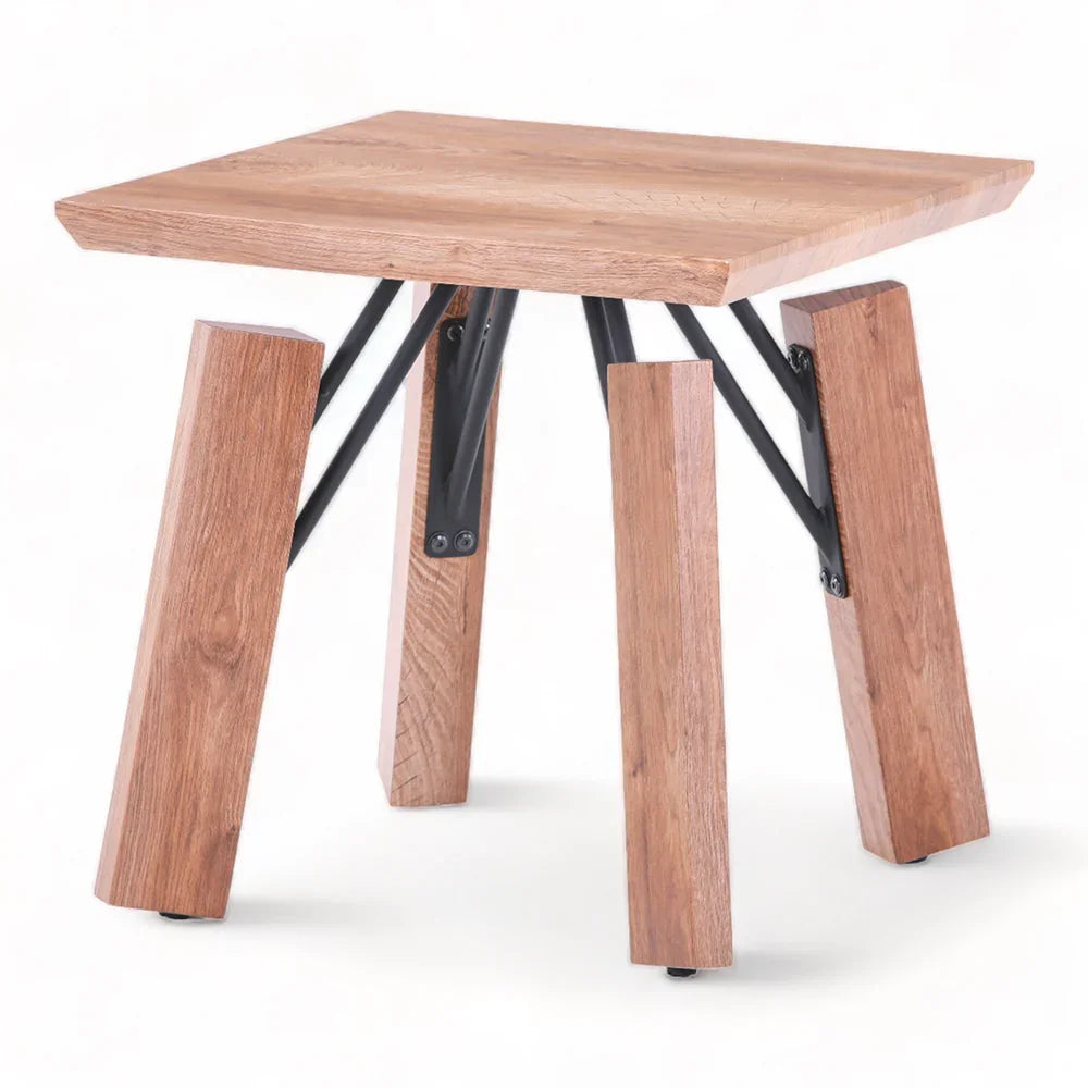 Wooden table with metal brackets on a white background