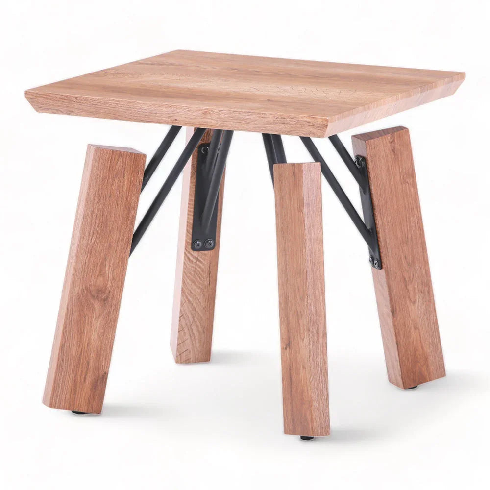 Wooden table with metal brackets on a white background