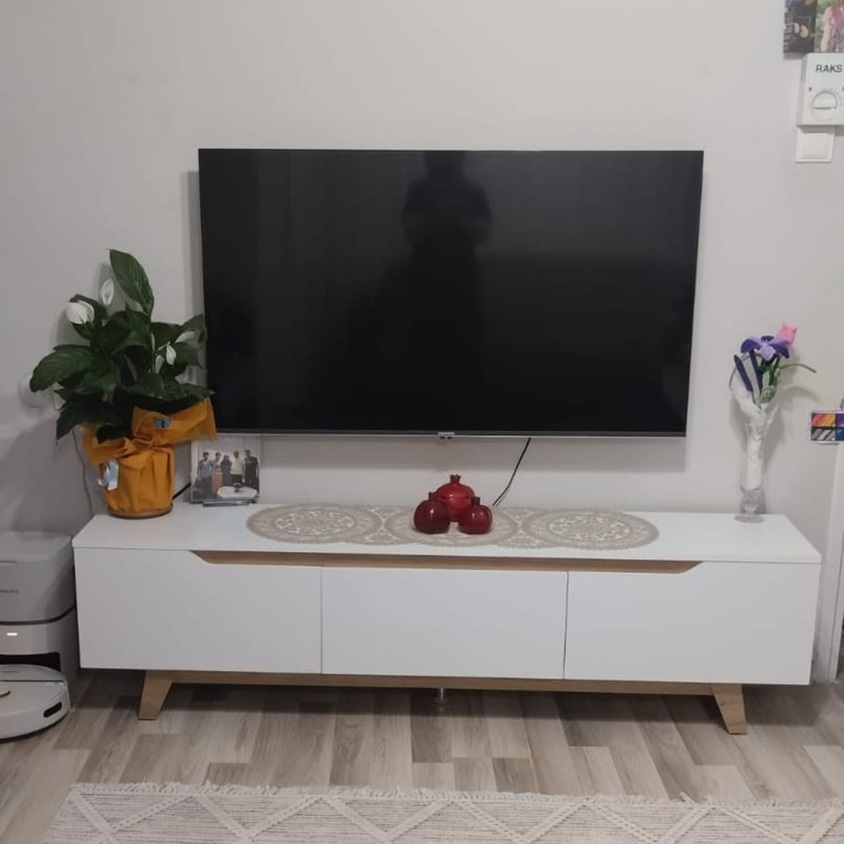 Modern living room with a television on a stand, decorative items, and a rug.