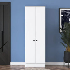White wardrobe against a blue wall with a black door and plant in the corner.