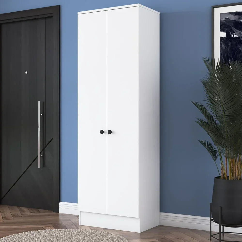 White wardrobe against a blue wall with a black door and plant in the background