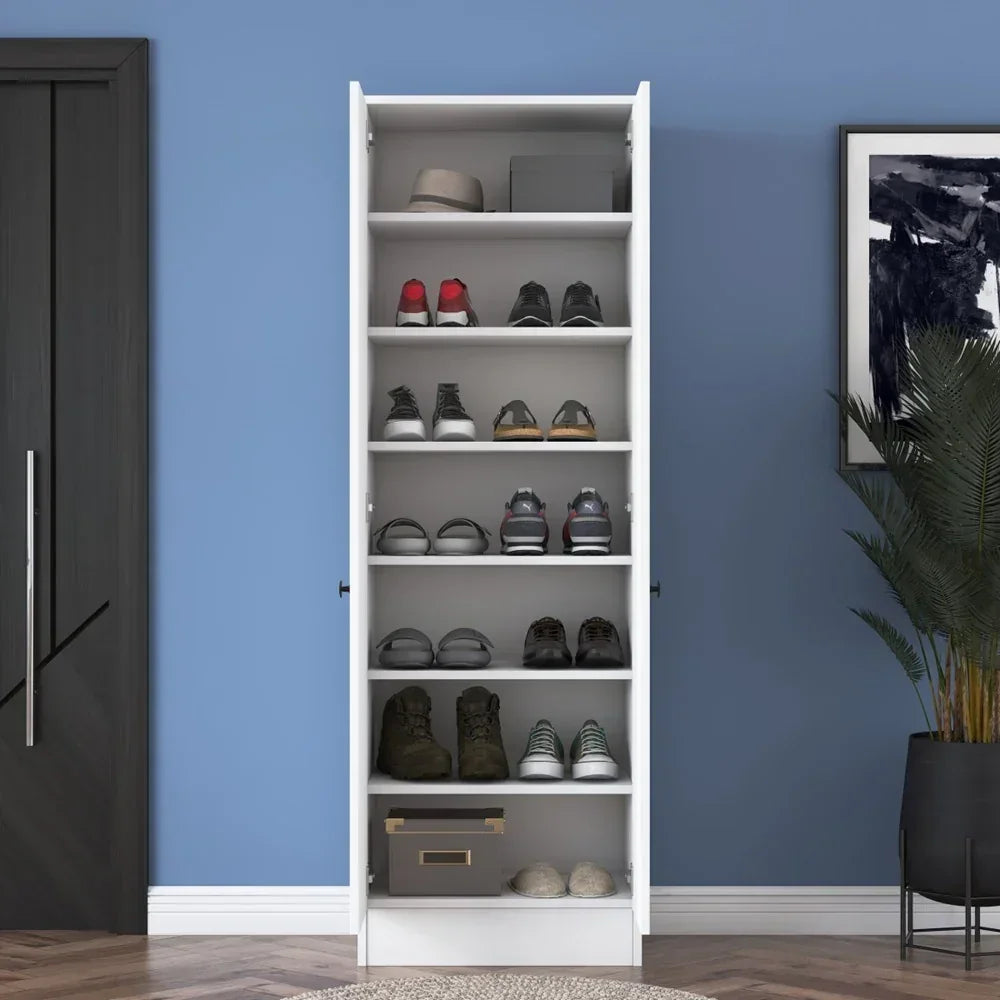 White shoe rack with shoes against a blue wall