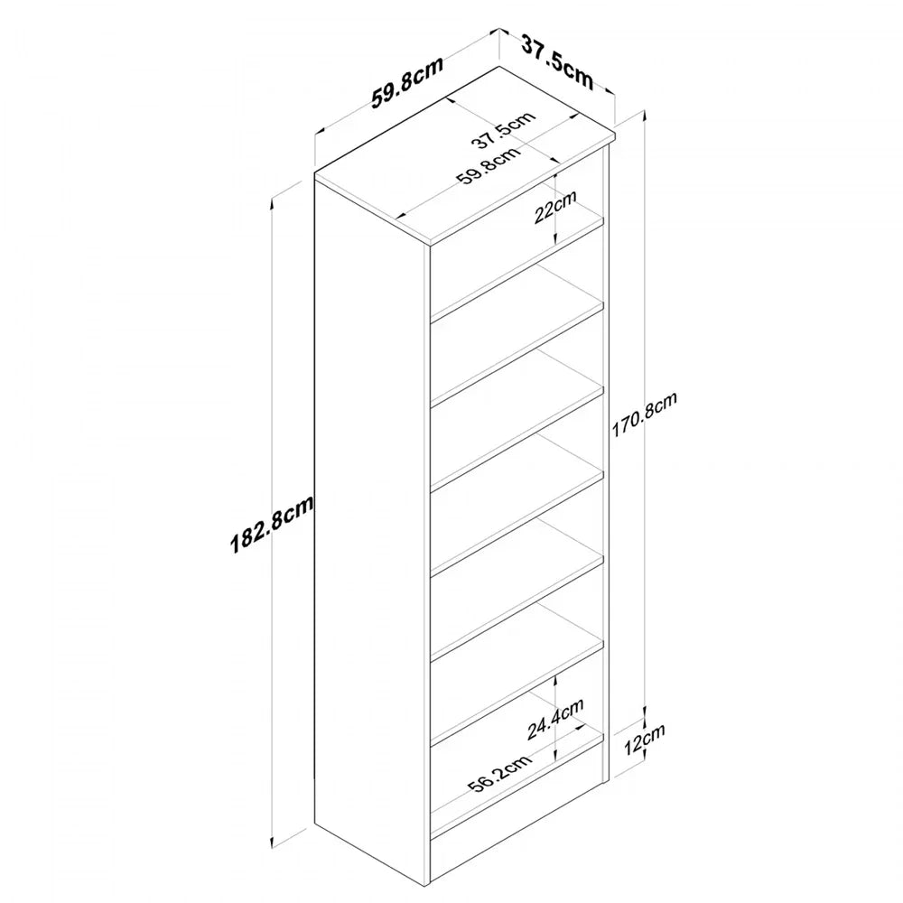 Dimensions of a tall narrow shelf with measurements in centimeters on a white background