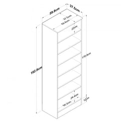 Dimensions of a tall narrow shelf with measurements in centimeters on a white background