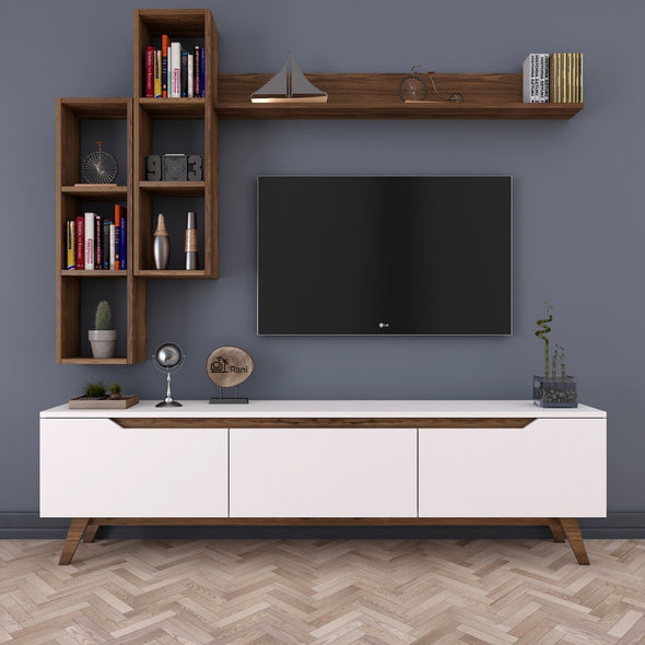 Home Canvas Lana Wall Unit Modern Upto 60in TV - White and Walnut