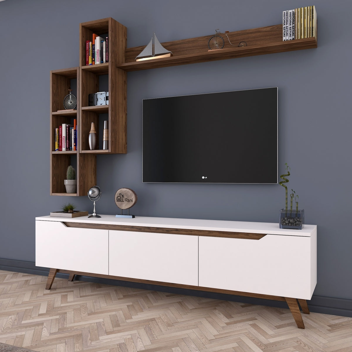 Home Canvas Lana Wall Unit Modern Upto 60in TV - White and Walnut