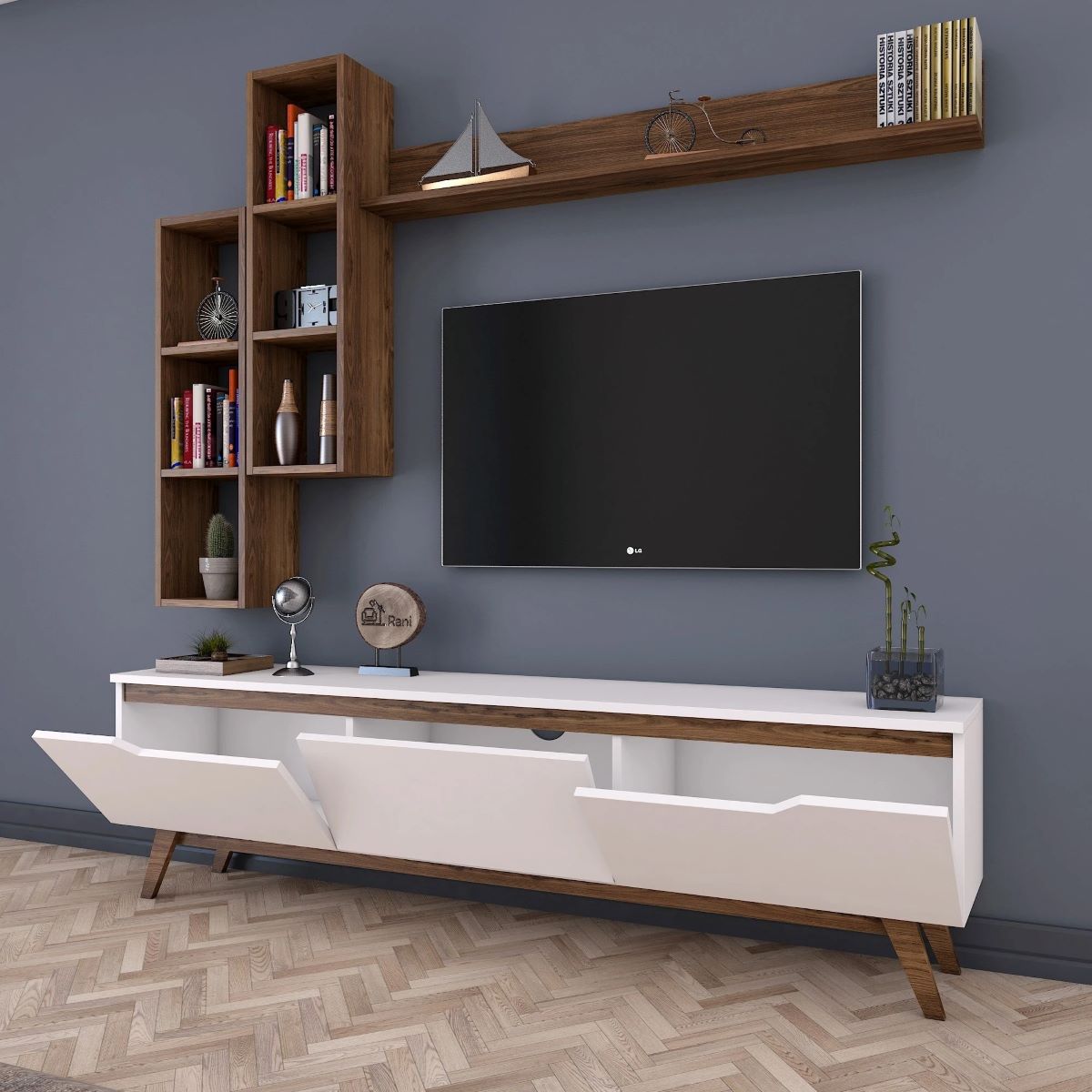 Home Canvas Lana Wall Unit Modern Upto 60in TV - White and Walnut