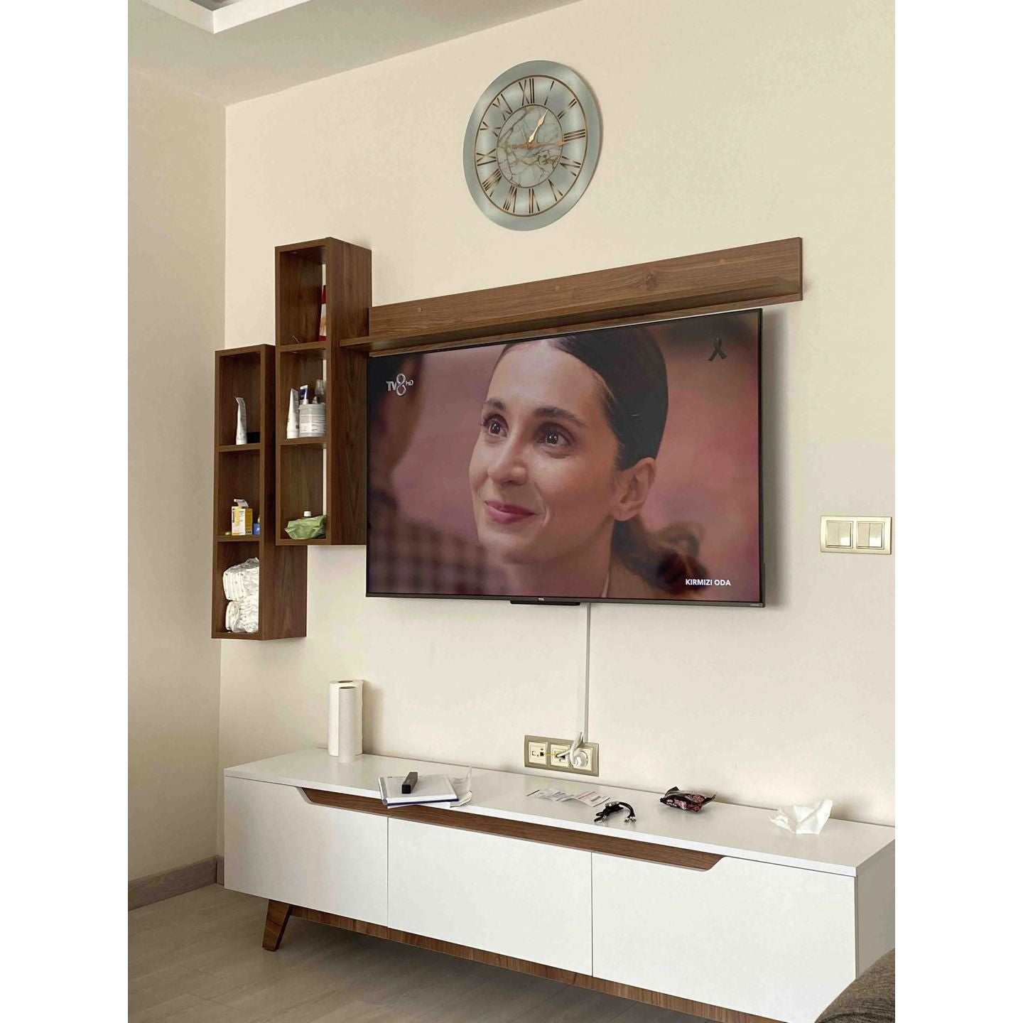 Home Canvas Lana Wall Unit Modern Upto 60in TV - White and Walnut