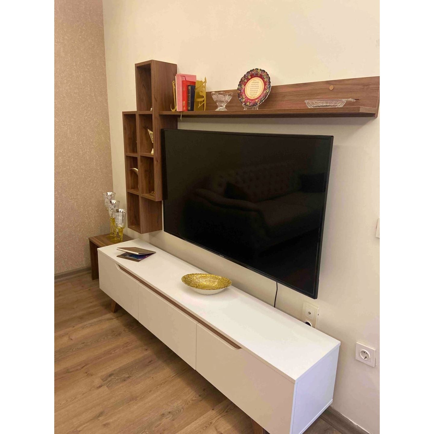 Home Canvas Lana Wall Unit Modern Upto 60in TV - White and Walnut