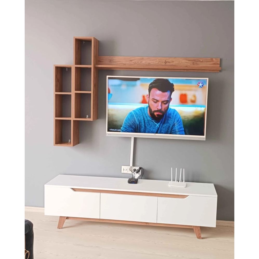 Home Canvas Lana Wall Unit Modern Upto 60in TV - White and Walnut