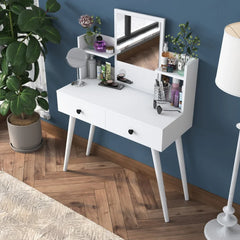 White vanity desk with mirror and makeup items against a blue wall.