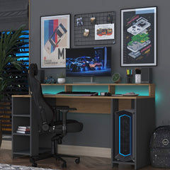 Home Canvas GlowTech Gaming Desk with LED Color-Changing Shelf Dark Grey with Walnut