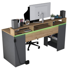 Home Canvas GlowTech Gaming Desk with LED Color-Changing Shelf Dark Grey with Walnut