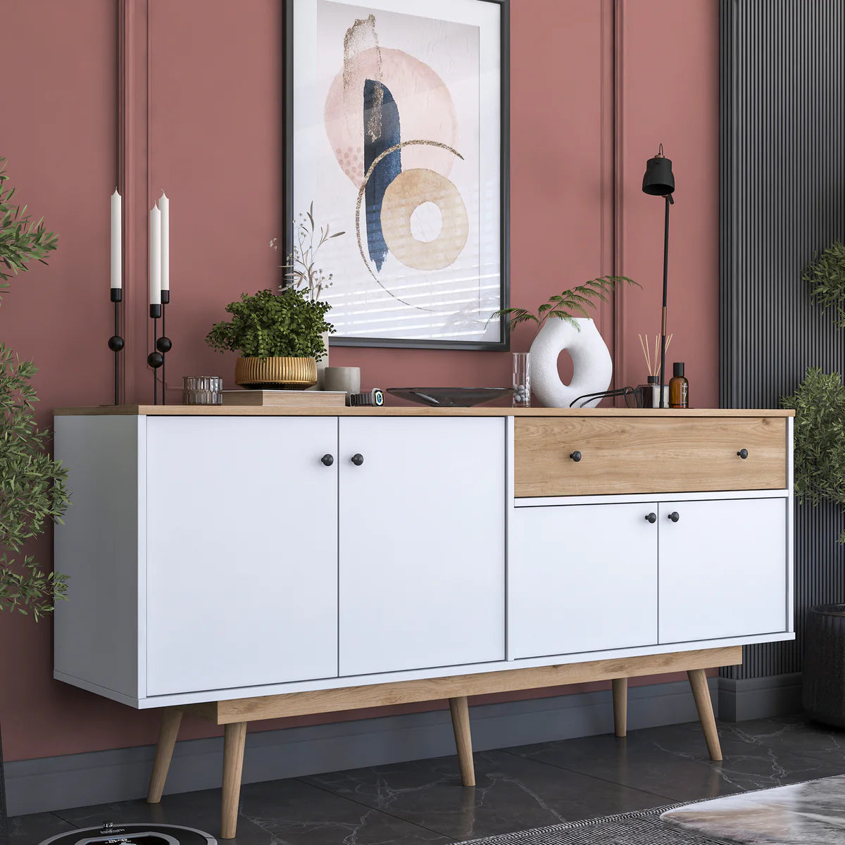 Home Canvas Elegance Sideboard Crockery Unit Modern While and Oak