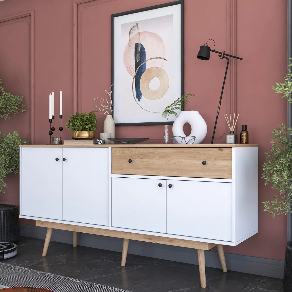 Home Canvas Elegance Sideboard Crockery Unit Modern While and Oak