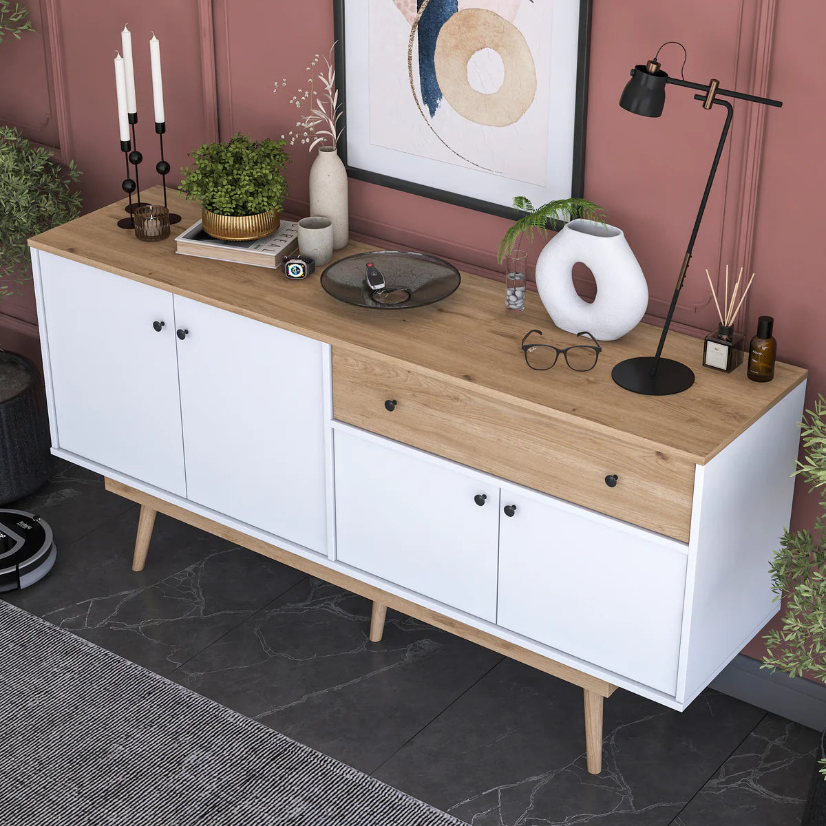 Home Canvas Elegance Sideboard Crockery Unit Modern While and Oak