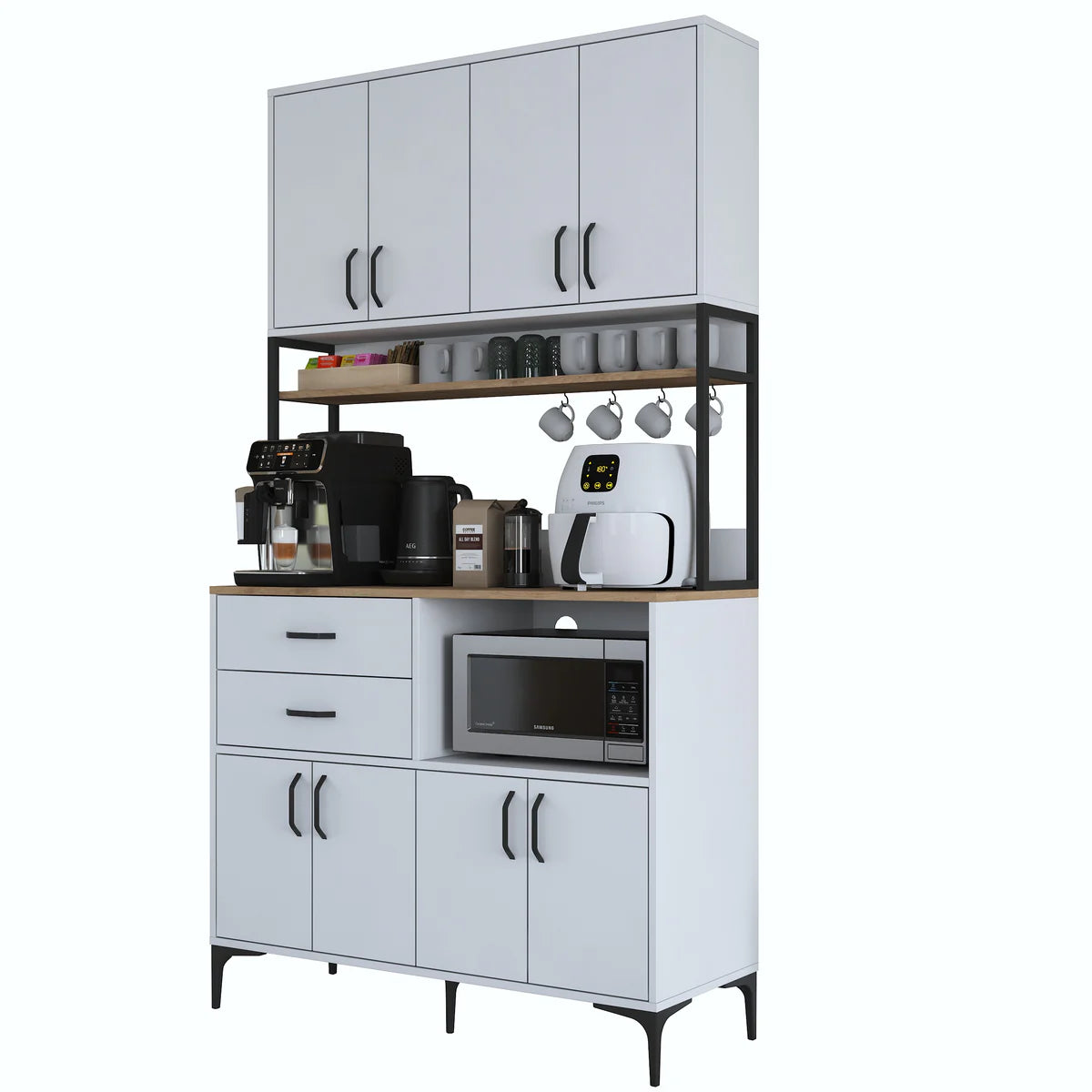 Home Canvas Multi-Function Kitchen Pantry Cabinet with Countertop, Cup Hooks, Drawers & Adjustable Shelves,  White - S-Walnut