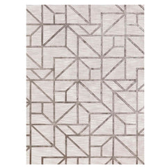 Geometric patterned rug with brown and beige lines on a white background
