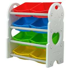 Children's storage unit with colorful bins on a white background