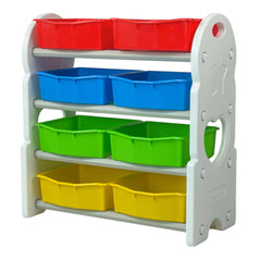 Children's storage shelf with colorful bins on a white background