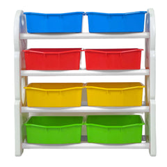White shelf with colorful storage bins on a white background