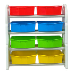 White storage shelf with colorful bins on a white background