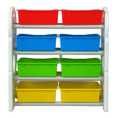 Shelving unit with colorful storage bins on a white background