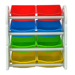 Colorful storage unit with red, blue, green, and yellow bins on a white background