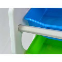 Close-up of a blue and green plastic container with a metal handle on a white background