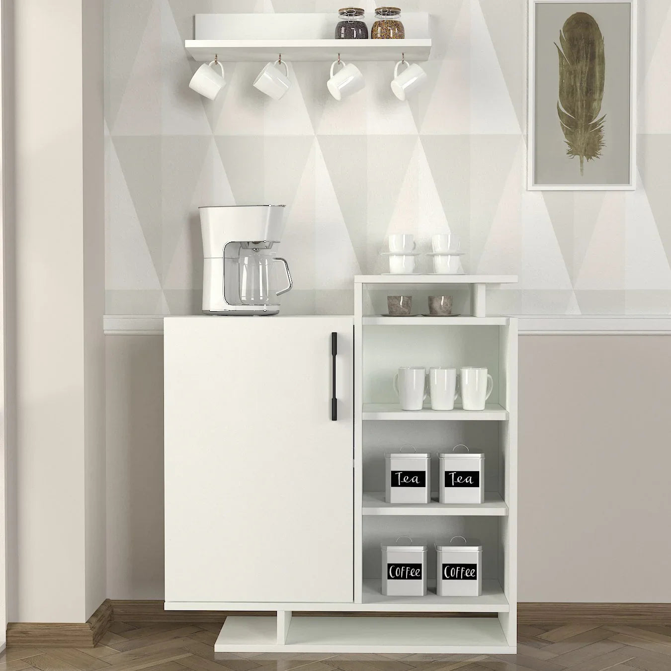 White kitchen cabinet with coffee maker and mugs in a modern kitchen setting
