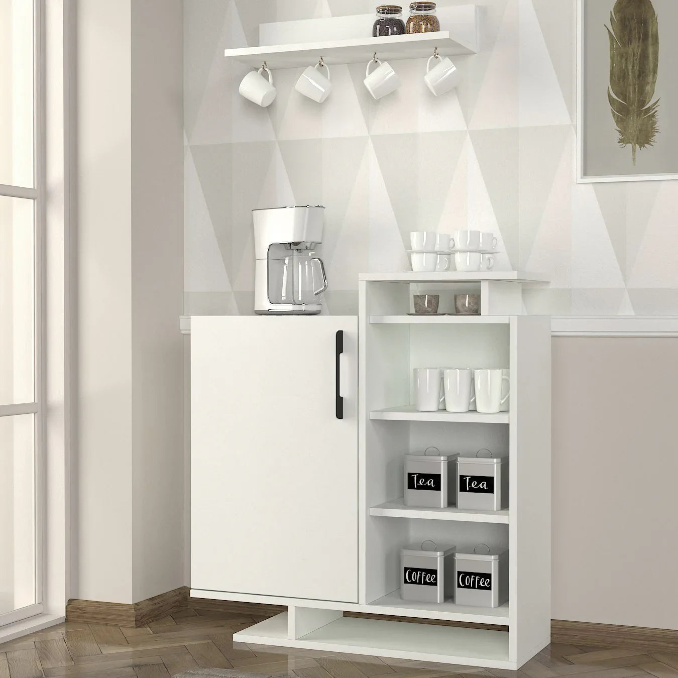 White kitchen cabinet with shelves and a coffee maker in a modern kitchen setting.