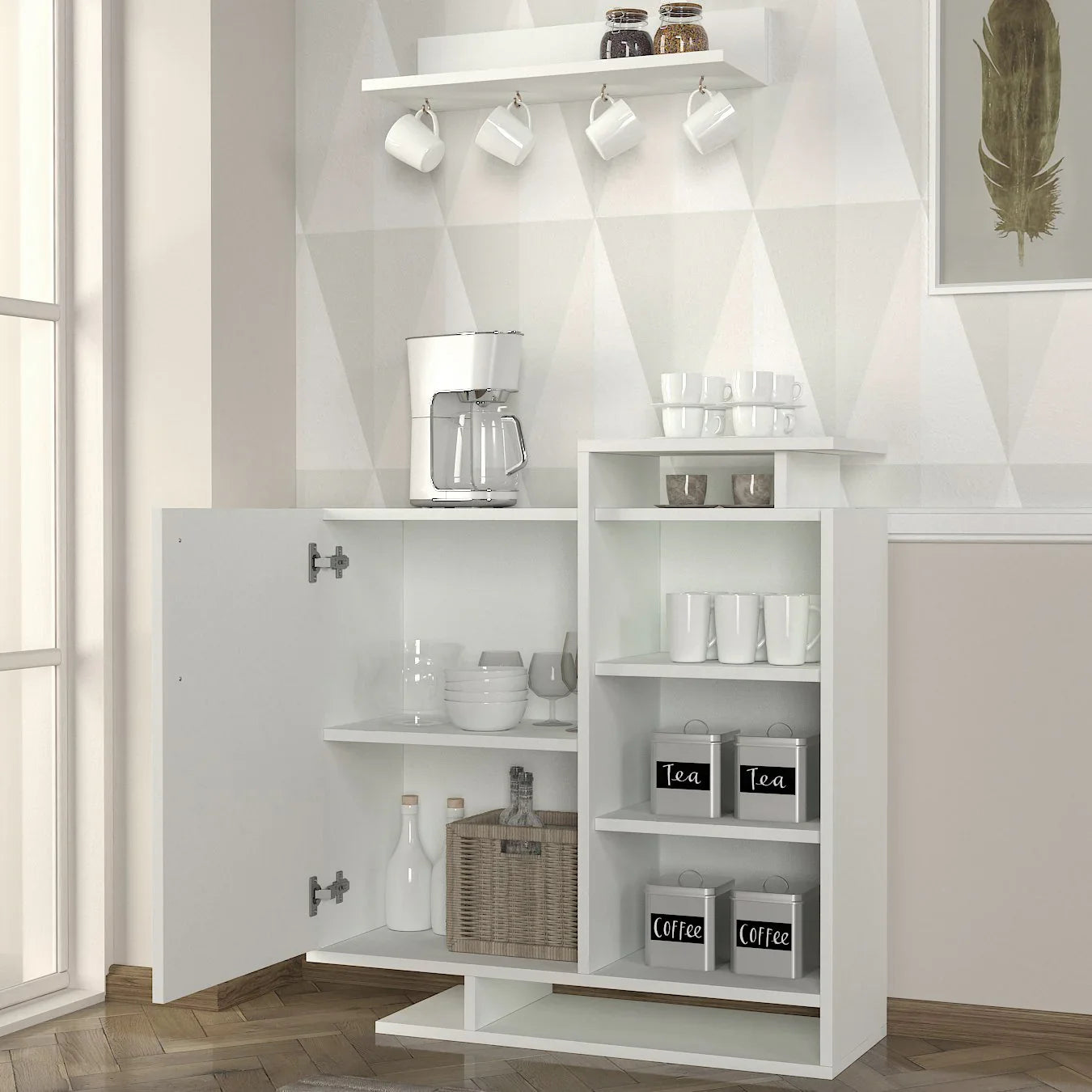 White kitchen cabinet with shelves containing kitchen items in a modern kitchen setting.