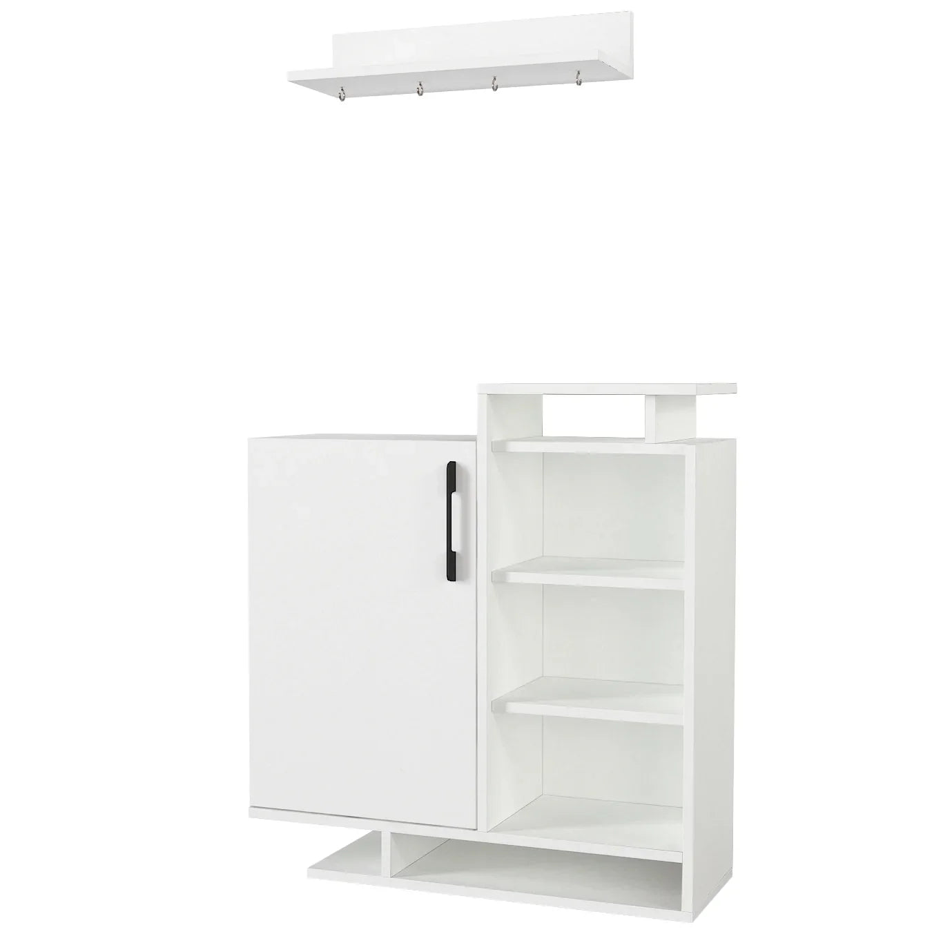 White storage unit with shelves and a cabinet on a white background