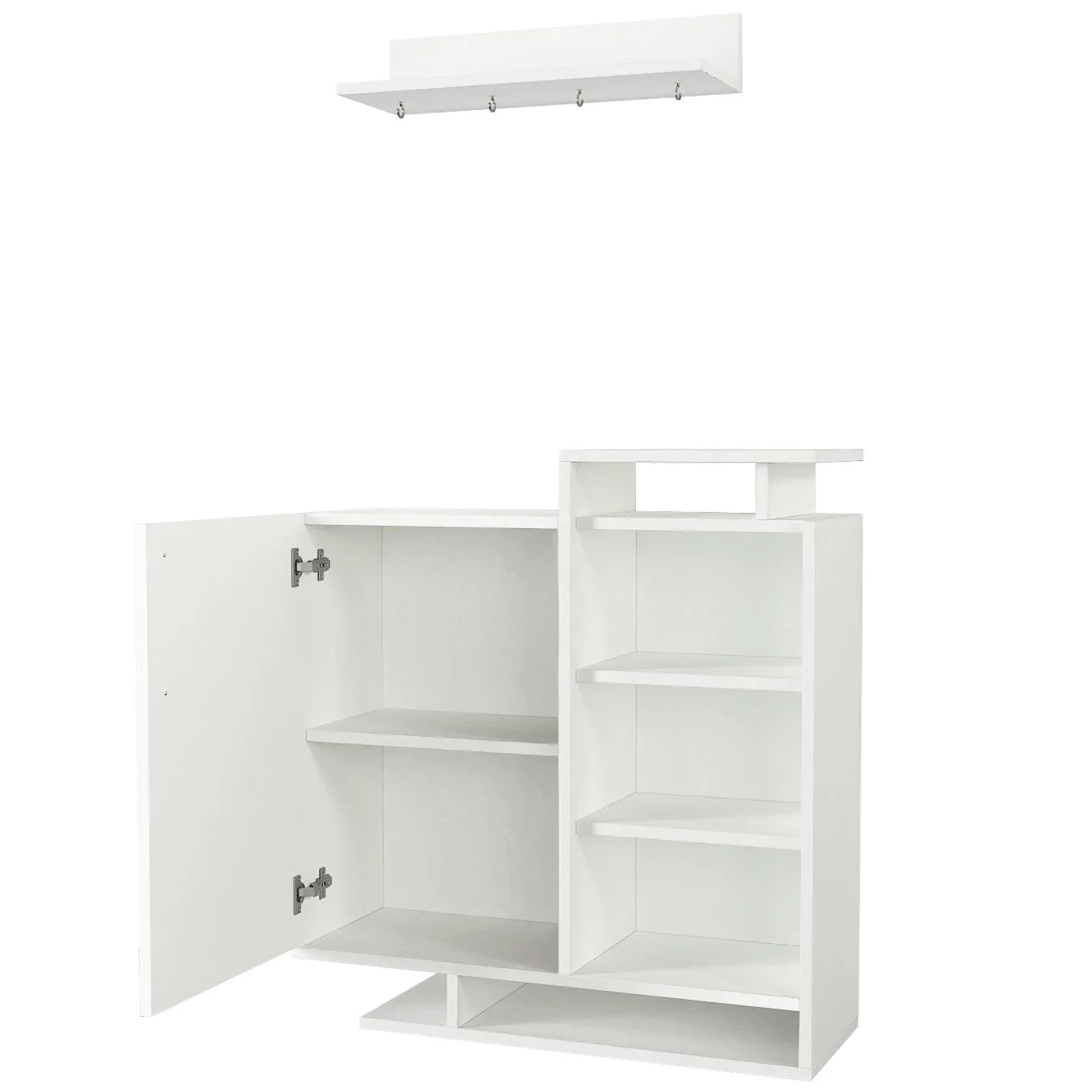 White cabinet with open door on a white background
