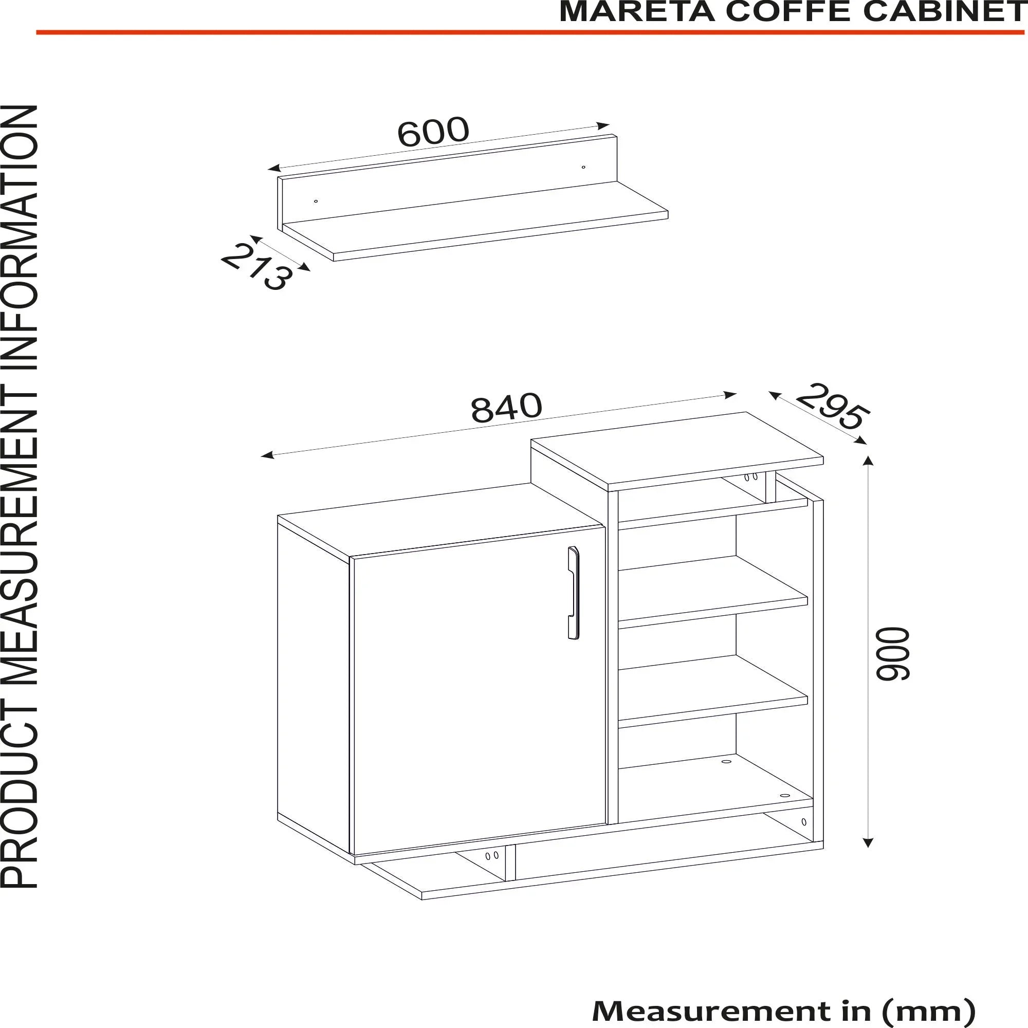 Technical drawing of a MARETA COFFEE CABINET with dimensions labeled