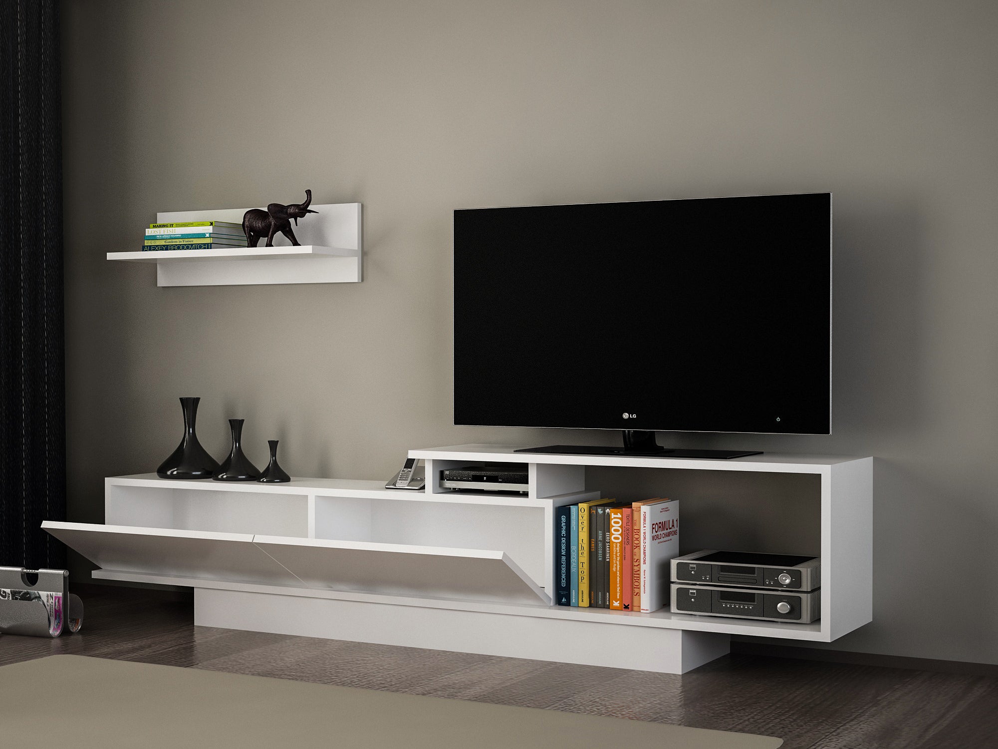 Home Canvas Asos TV Unit with Wall Shelves – White | Modern TV Stand | Upto 75 inch TV