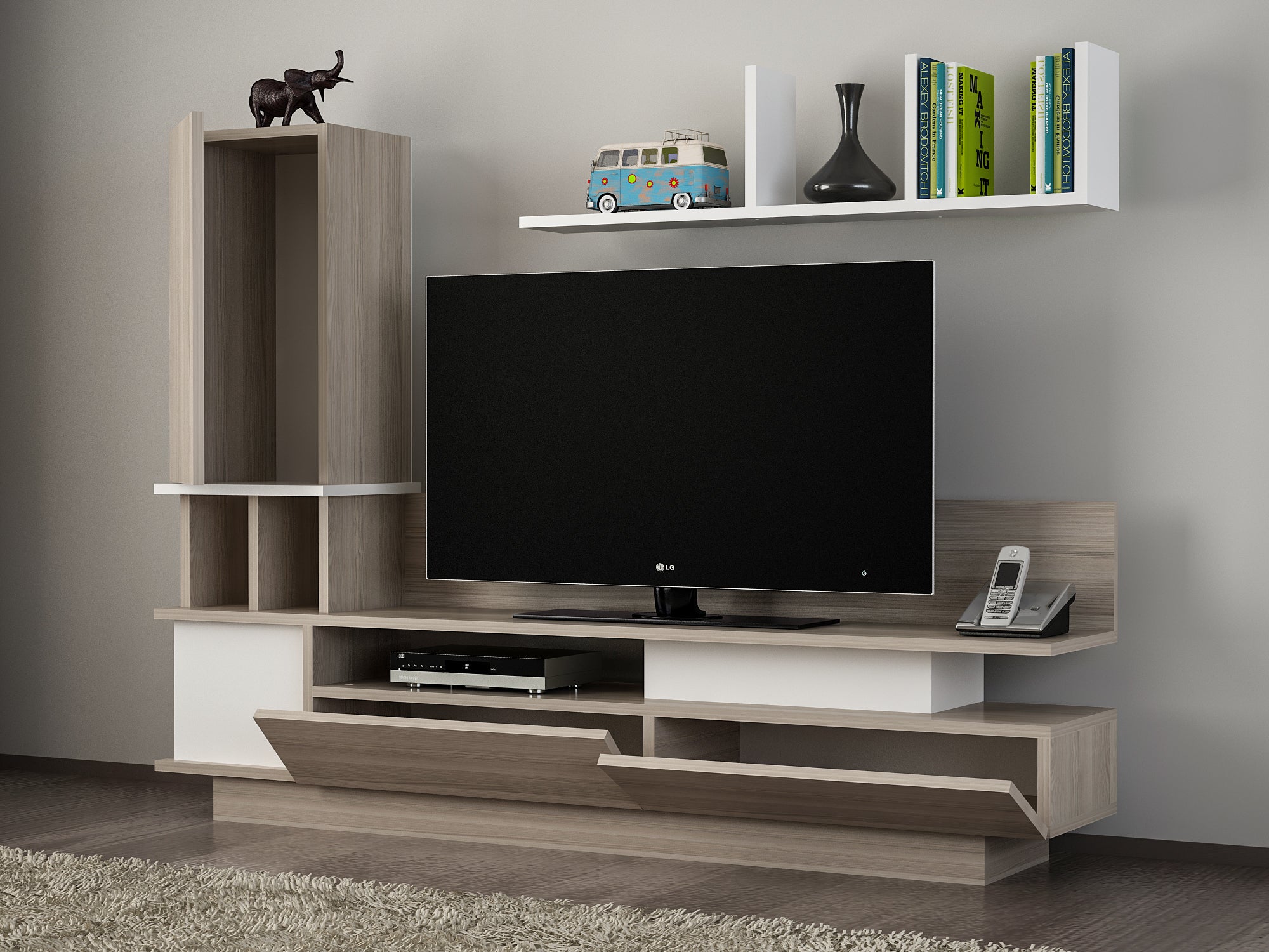 Home Canvas Como TV Unit with Wall Shelves & Storage – White & Cordoba | Modern TV Stand | Upto 55 inch TV