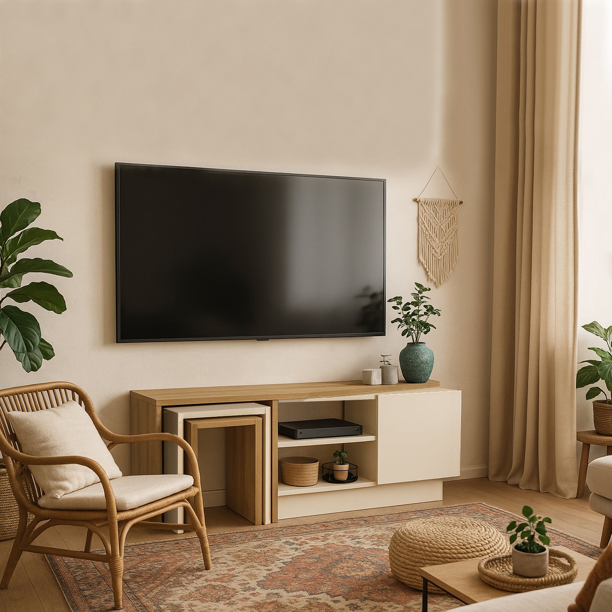 Home Canvas Rodega TV Stand with Nesting Table – Sepet Sandstone Finish | Upto 55 inch TV