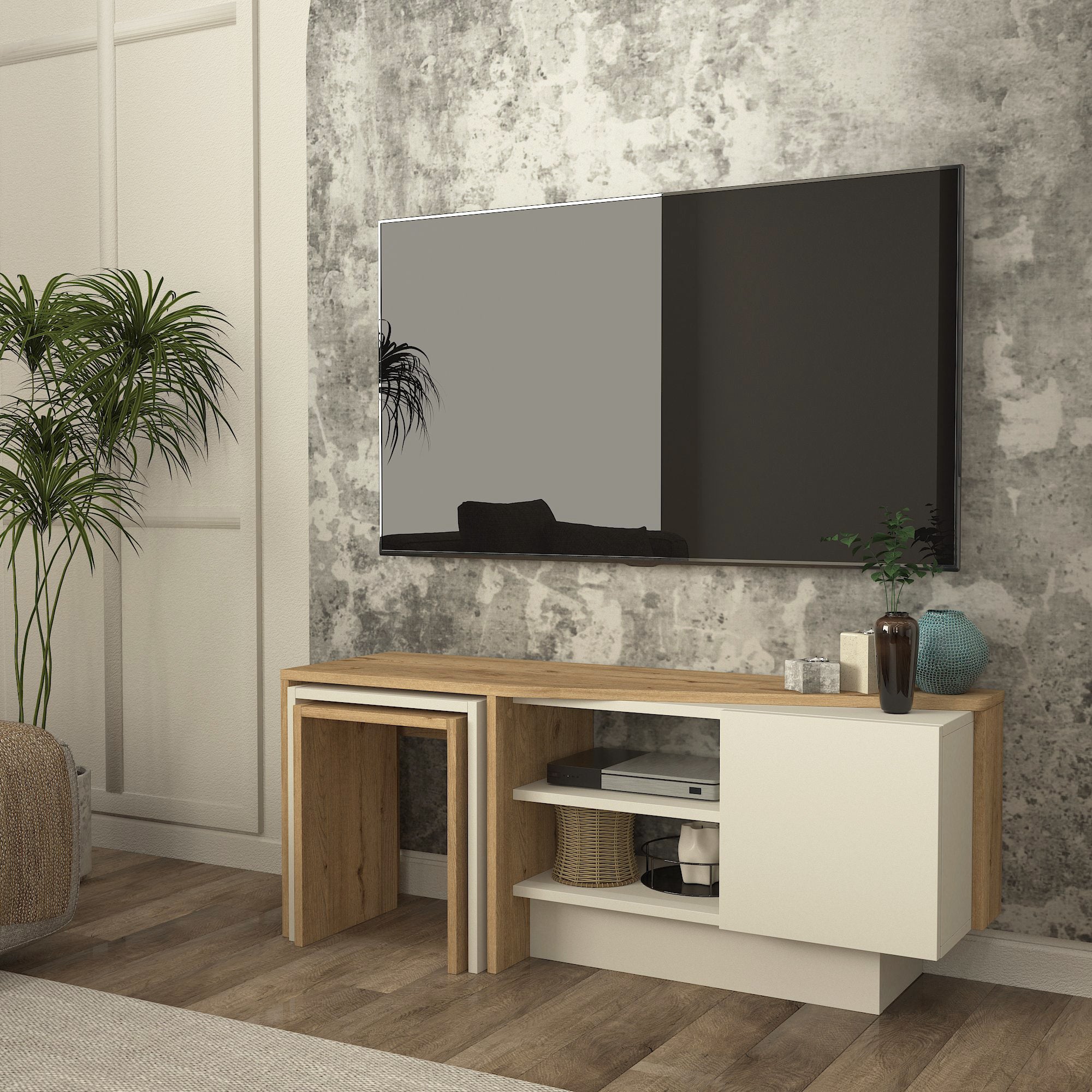 Home Canvas Rodega TV Stand with Nesting Table – Sepet Sandstone Finish | Upto 55 inch TV