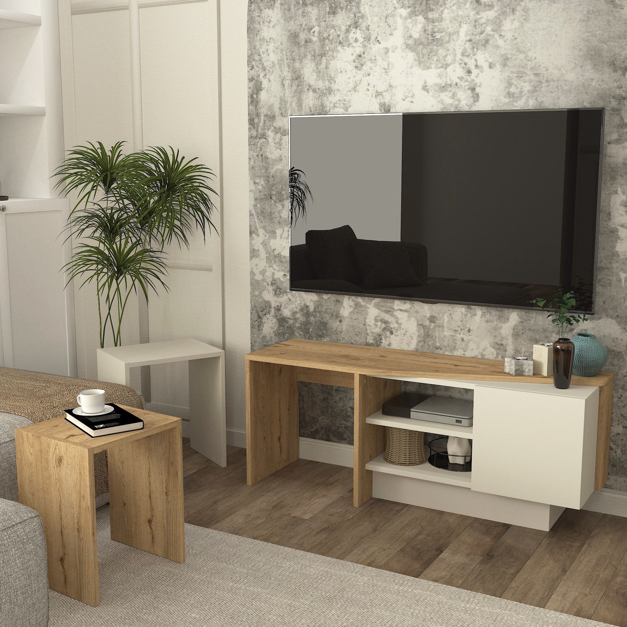 Home Canvas Rodega TV Stand with Nesting Table – Sepet Sandstone Finish | Upto 55 inch TV