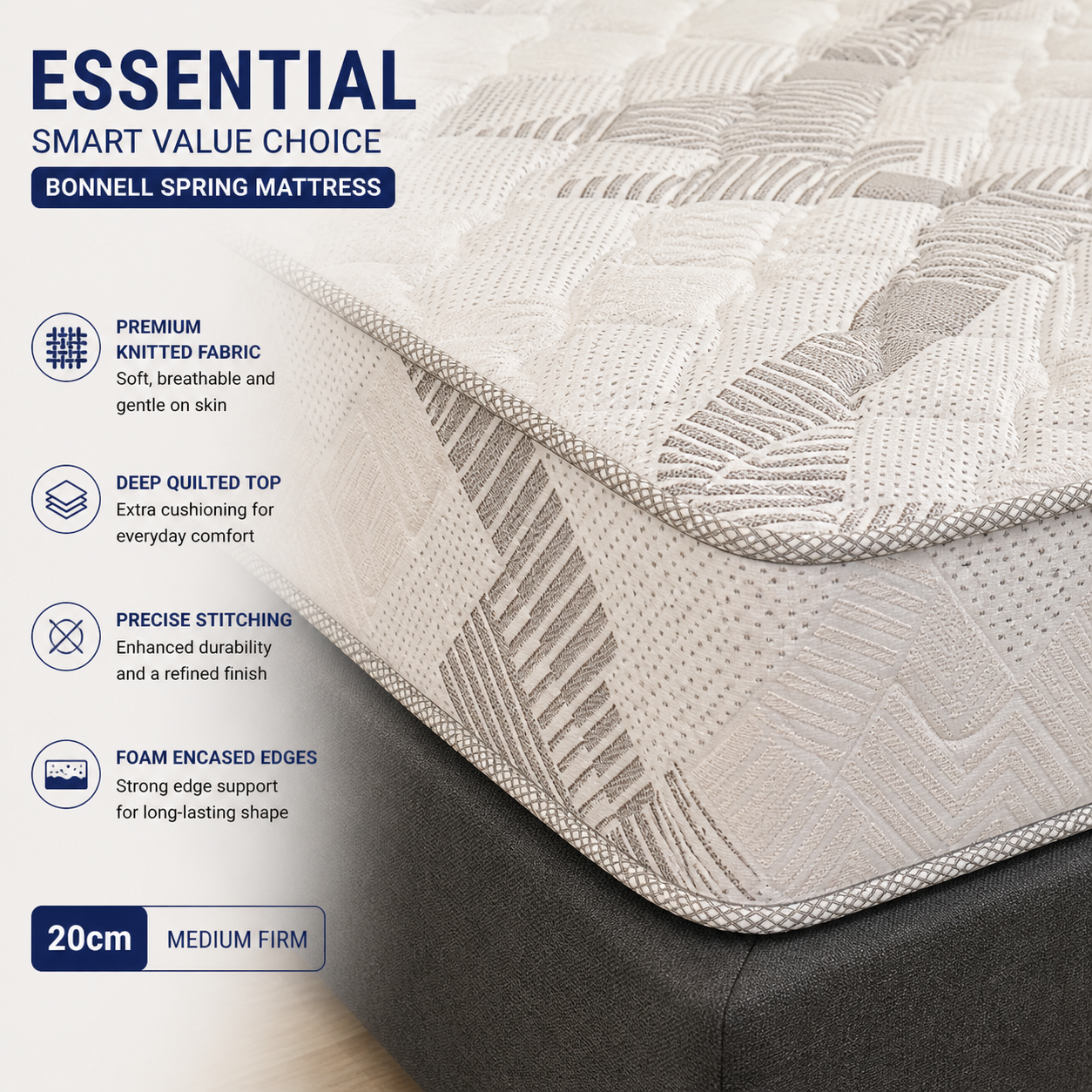 Essential  Bonnell Spring Mattress 20cm thick Reversible with Knitted Fabric Queen 150x200cm